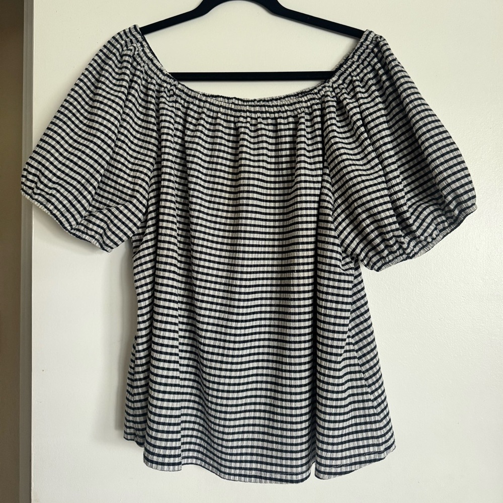 Lane Bryant Sz 18/20 Navy White Gingham Off Shoulder Short Puff Sleeve Top boho